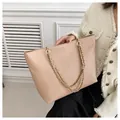Large capacity tote bag in light pink snakeskin pattern with gold metal chain straps - Khaki