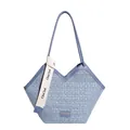 Light blue tweed tote bag with V-shaped opening and woven handle strap detail - Blue
