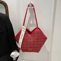 Red plaid tweed tote bag with V-cut edge and stylish wide letter strap for daily use - Red