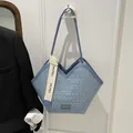 Blue tweed plaid tote bag with gold threads, V-neck cut and thin leather straps - Blue