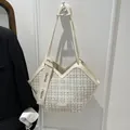 Beige tweed tote bag with leather trim, V-shaped opening and long shoulder straps - White
