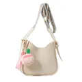 Cream PU leather crossbody bag with geometric woven strap and peach plush pendant - No Pendant / White