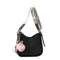 Black PU crossbody bag with geometric pattern strap and pink peach plush charm - No Pendant / Black