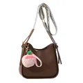 Dark brown Hobo bag with geometric embroidery strap and pink plush charm accessory - No Pendant / Brown