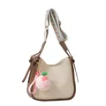 Cream and brown shoulder bag with geometric woven strap and peach plush pendant - No Pendant / White and Brown
