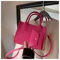 Hot pink embossed felt tote bag with matching mini pouch and gold hardware accents - Pink