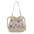 Handmade floral embroidery bucket bag with drawstring and pearl beads on canvas fabric - Purple