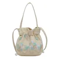 Handmade bucket bag with blue floral embroidery and white pearl drawstring closure - Blue