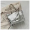 Silver metallic tote bag with snakeskin texture and woven chain strap for women - Silver