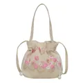 Cream canvas bucket bag with floral embroidery and pearl drawstring detail - Rose Red