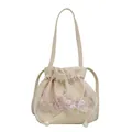 Beige floral lace bucket bag with drawstring closure and 3D leaf embroidery details - Pink