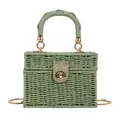 Green woven paper straw box handbag with gold lock and chain strap on white background - Dark Green