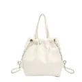 Quilted cream hobo bucket bag with silver chain strap and drawstring closure - White