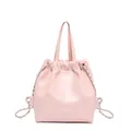 Quilted light pink drawstring bucket bag with silver chain straps and glossy leather finish - Pink