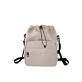 Beige nylon bucket bag with drawstring closure and adjustable black shoulder strap - Khaki