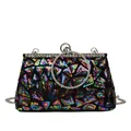 Rainbow sequin evening clutch bag with crystal rim and round silver handle for women - Rainbow