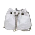 White jacquard bucket bag with floral texture, pearl charms and silver chain strap - White