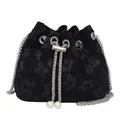 Black bucket bag with floral texture, silver chain strap and large pearl drawstrings - Black