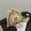 Woven cotton shell bag with daisy detail and colorful stripes for beach travel - Daisy Decor (Style 1)
