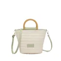 Chic woven straw bucket bag with light green leather trim and wooden handles for summer - Green