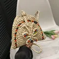 Handmade woven bucket bag with colorful striped patterns and a woven strap in cream beige - Colorful Flower (Style 2)