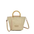 Chic beige straw bucket bag with glossy handles and adjustable crossbody strap - Khaki