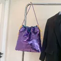 Fashionable purple sequin drawstring bucket bag with metallic chain strap for women - Purple