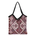 Ethnic bohemian woven tote bag featuring geometric patterns and black ribbon handles - Red
