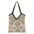 Ethnic geometric pattern tote bag in cream jacquard fabric with black woven straps - Yellow