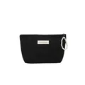 Black canvas cosmetic bag with heart embossing and a stylish white pearl handle ring - Black