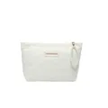 White canvas pouch with heart texture and pearl handle featuring FASHION BAG label - White