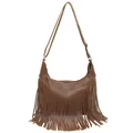 Borsa hobo bohémien marrone con frange in finta pelle e tracolla regolabile da donna - Marrone