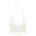 Borsa hobo bianca stile bohémien con lunghe frange e dettagli della zip dorati - Bianco