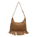 Borsa a sella bohémien marrone in finta pelle scamosciata con lunghe nappe e tracolla - Marrone