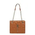 Brown quilted crossbody bag with metal chain strap and decorative fringe logo pendant - Brown