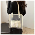 Iridescent PVC transparent jelly tote with beige inner pouch and bear design - White & Khaki