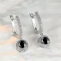 Vintage Silber-Ohrhänger mit rundem schwarzem Edelstein und funkelnden Kristallen - Schwarzer Hauptstein / Silber (Weißgold-vergoldet)