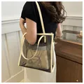 Transparent PVC tote bag with cream leather trim and cute cartoon bear inner pouch - Black and Khaki