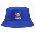Bob bleu en coton avec motif drapeau USA et slogan Back-to-Back World War Champs brodé - Taille Unique Adulte (58cm) / Bleu saphir