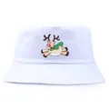 White cotton bucket hat featuring embroidered Christmas reindeer and winter festive design - Adult One Size(56-58cm) / White