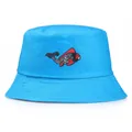 Cappello a secchiello in cotone celeste con ricamo di carpa koi colorata e tesa rinforzata - Taglia Unica(58cm) / Blu lago