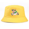 Yellow cotton bucket hat with cartoon reindeer embroidery for Christmas outdoor wear - Adult One Size(56-58cm) / Yellow