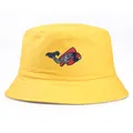 Yellow bucket hat with colorful koi fish embroidery and multi-row stitching on brim - One Size / Yellow