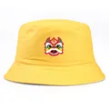Yellow cotton bucket hat featuring a traditional Chinese lion print for sun protection - Adult One Size (58cm) / Yellow