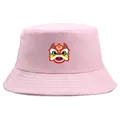Pink cotton bucket hat with colorful traditional Chinese lion dance embroidery pattern - Adult One Size (58cm) / Pink