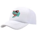 White trucker hat with green dinosaur wearing red sunglasses and black mesh back - Adult Free Size (58cm Adjustable) / White