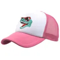 Pink and white mesh trucker hat with a cartoon dinosaur wearing sunglasses design - Adult Free Size (58cm Adjustable) / Pink
