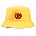 Gele katoenen vissershoed met Sovjet-Unie embleem en een platte bovenkant - Eén Maat Volwassenen (58cm) / Geel