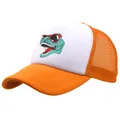 Orange and white dinosaur trucker hat with a cartoon T-Rex wearing red sunglasses - Adult Free Size (58cm Adjustable) / Orange