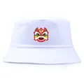 White cotton bucket hat featuring a traditional Chinese lion dance embroidery pattern - Adult One Size (58cm) / White